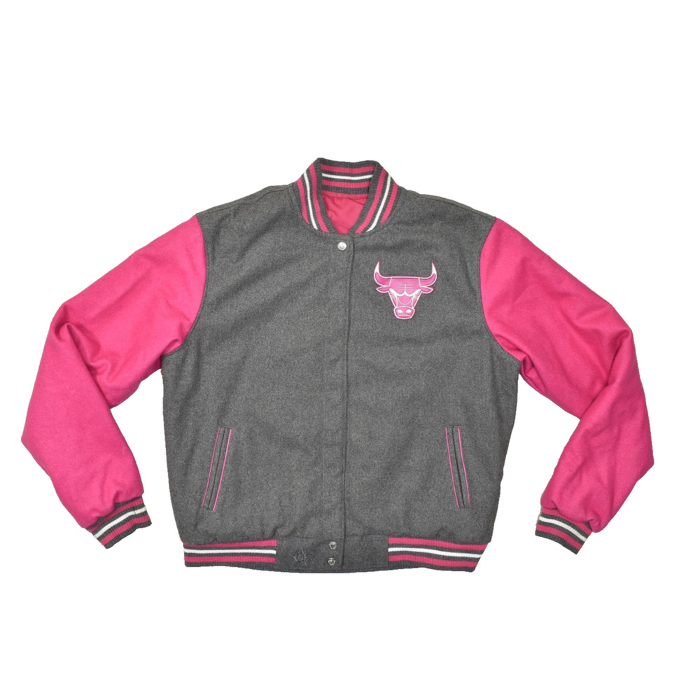 Chicago Bulls Pink Grey Varsity Bomber Jacket JH Design Size 2XL NBA Reversible